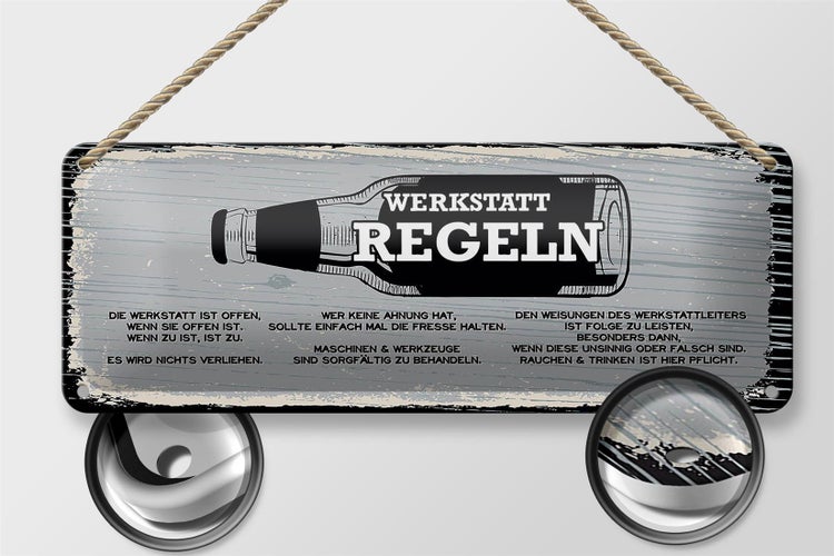 Blechschild Spruch Werkstatt Regeln Maschinen Dekoration 27x10cm