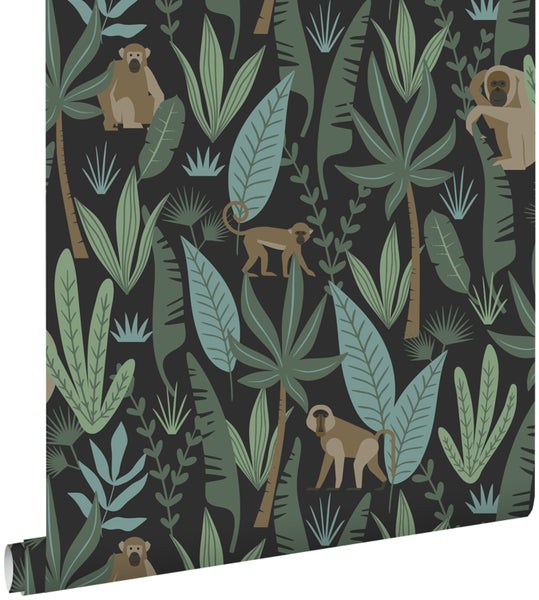 ESTAhome Tapete Affen Schwarz, Dunkelgrün und Mintgrün - 53 cm x 10.05 m - 139074