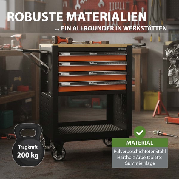 Werkstattwagen mit Schubladen, Arbeitsplatte aus Hartholz und Tragkraft 200 kg