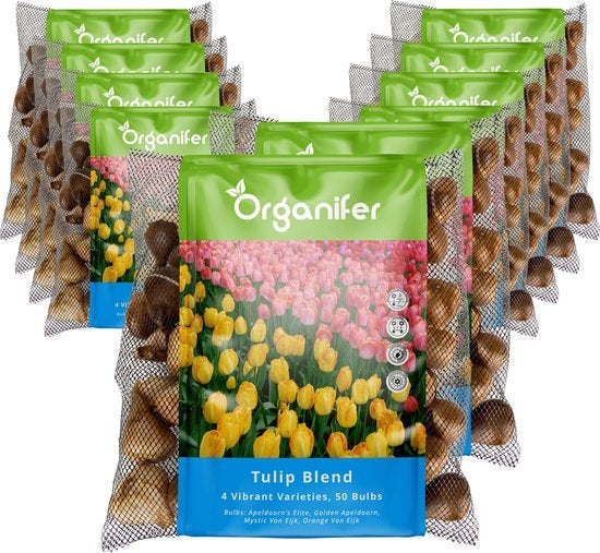 Mehrere Packungen Tulpenmischungen im Netz mit Organifer Logo