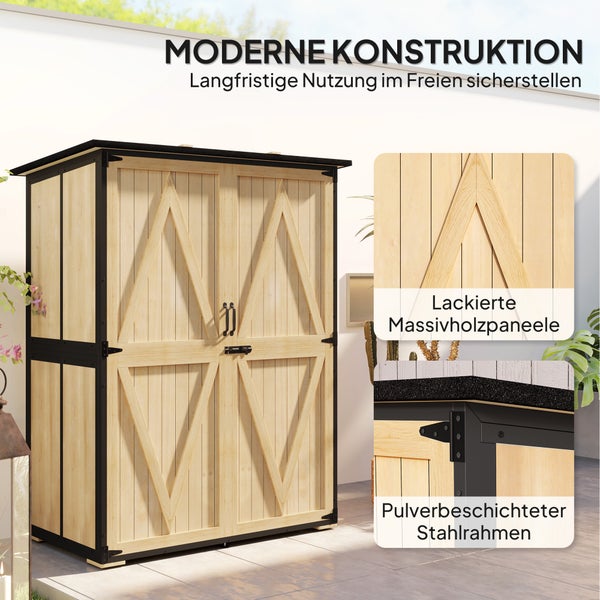 Gartenschrank mit Holztüren und Stahlrahmen