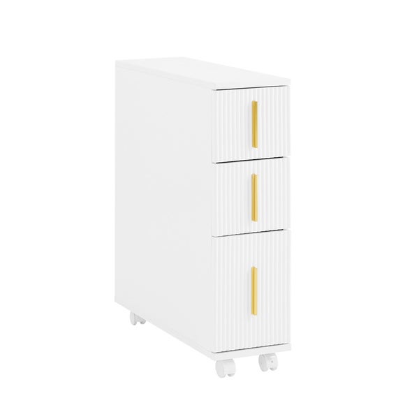 Weißer Rollcontainer mit drei Schubladen und geriffelten Schubladenfronten