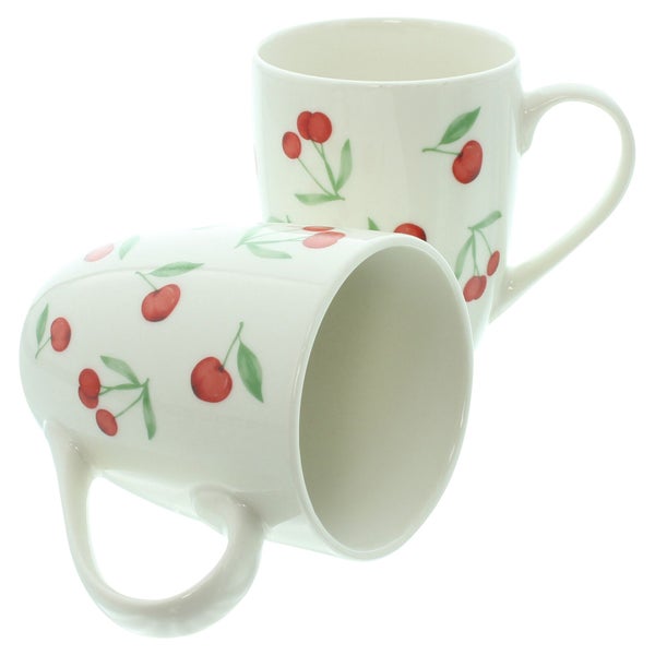 Zwei weiße Kaffeetassen aus Keramik mit Kirschmuster.