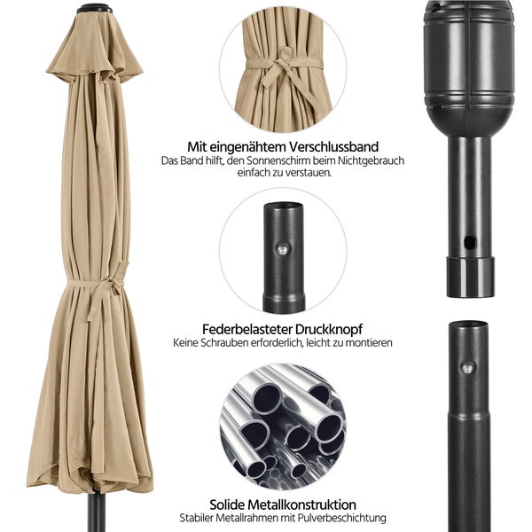 Detailansicht eines Sonnenschirms mit Verschlussband, Druckknopf und Metallkonstruktion