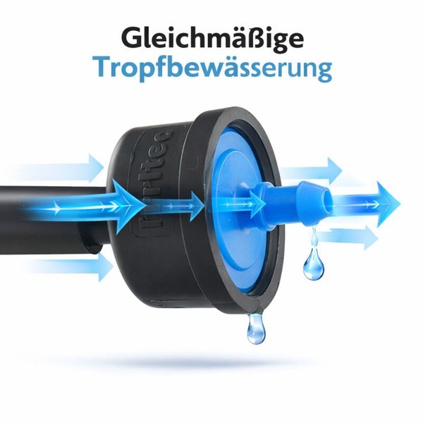 Irritec Tropfer für gleichmäßige Tropfbewässerung mit Pfeilen, die den Wasserfluss und Wassertropfen darstellen.