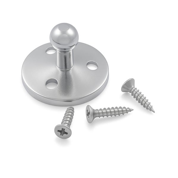 Wandtürstopper aus Metall mit Kugelkopf und drei passenden Kreuzschlitzschrauben.