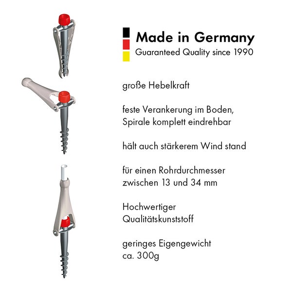 Bodendübel aus Kunststoff für Schirmrohre von 13 bis 34 Millimeter Durchmesser, hergestellt in Deutschland, mit Hebelkraft und Spiralgewinde.