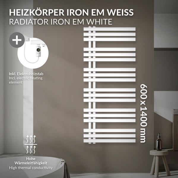 LuxeBath Elektrischer Badheizkörper Iron EM 600x1400 mm Weiß mit Heizstab 1200W Thermostat Digitalanzeige, Handtuchheizkörper mit Heizpatrone, Elektro Handtuchwärmer Paneelheizkörper Designheizkörper