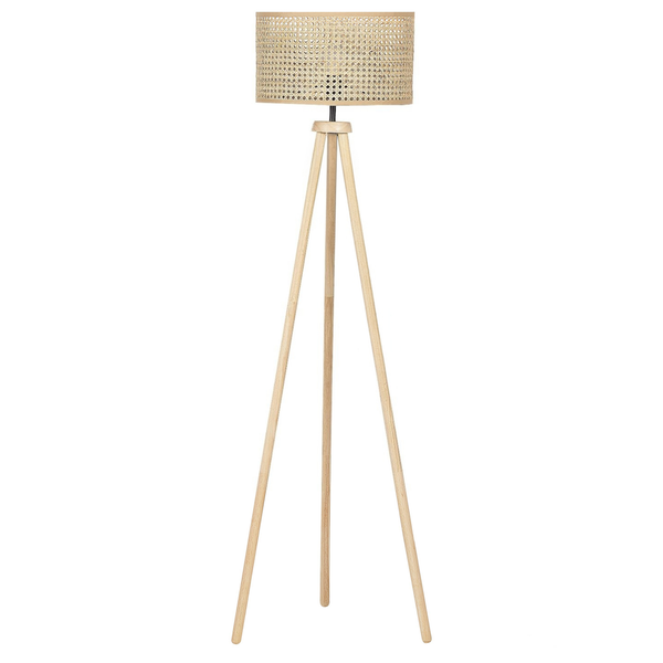 Stehlampe mit Lampenschirm aus Rattan und Holzfuß