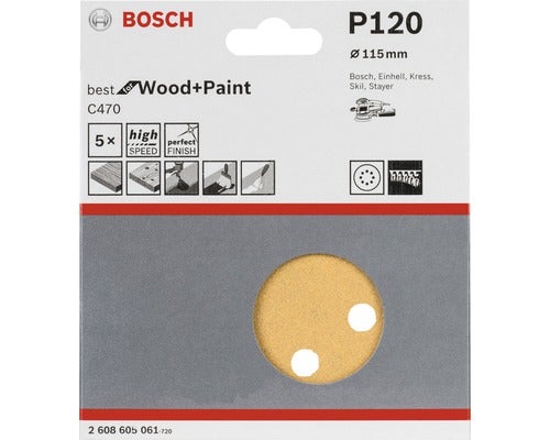 Bosch Schleifpapier P120, 115 mm Durchmesser, geeignet für Holz und Farbe