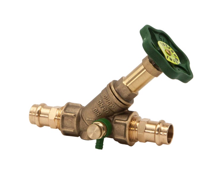 Schrägsitzventil aus Messing mit grünem Handrad, Entleerungsventil und beidseitigem Pressanschluss, Nennweite 20.