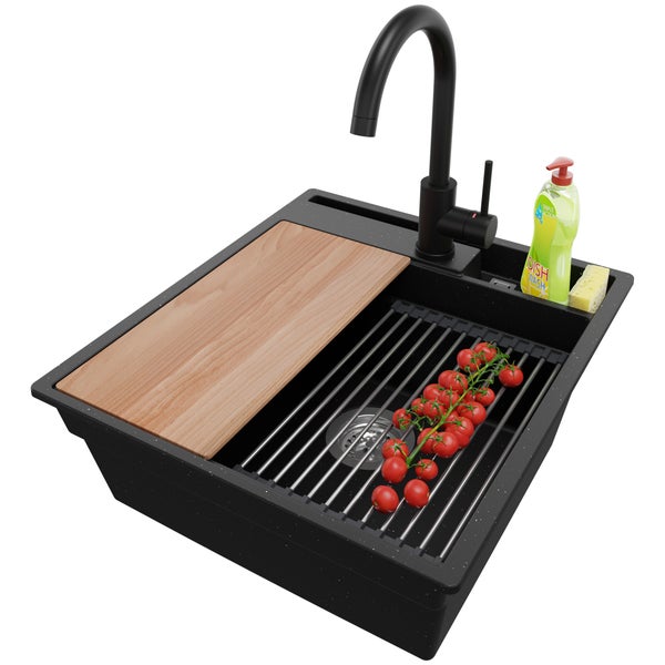 PRIMAGRAN Granitspüle Schwarz Metallic 48x53cm, Spülbecken 1 Becken + Küchenarmatur 32x20cm + Ablauf-Set + Küchenzubehörset, Küchenspüle ab 50er Unterschrank - Oslo Pocket