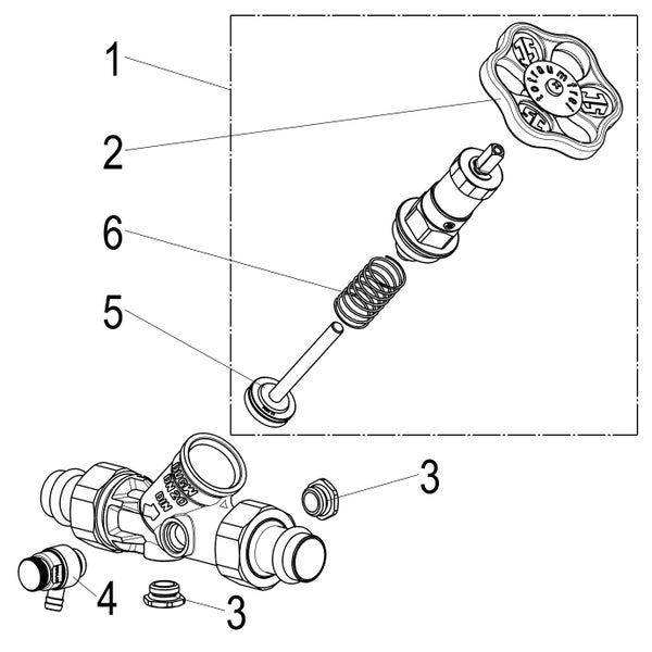 Technische Zeichnung eines Schrägsitzventils mit Explosionsdarstellung der Einzelteile wie Handrad, Feder und Dichtung.