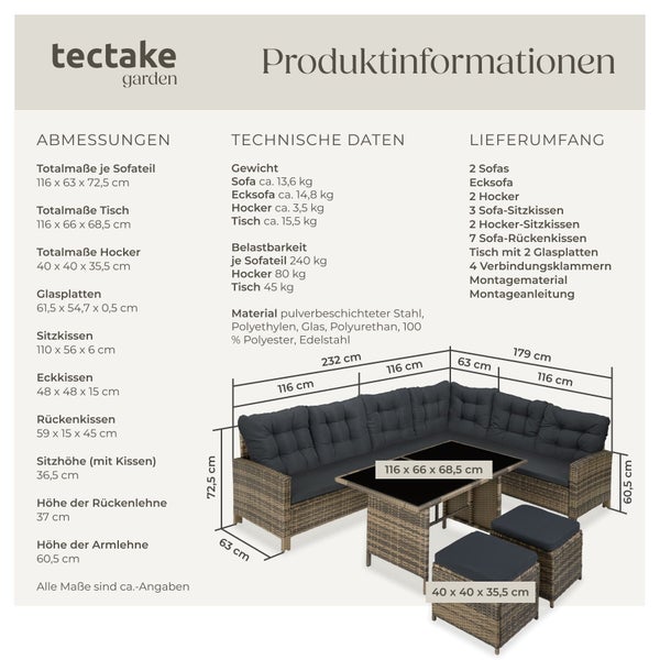 Produktinformationen für eine tectake Gartenmöbelgruppe mit Maßen, Gewichten und Lieferumfang