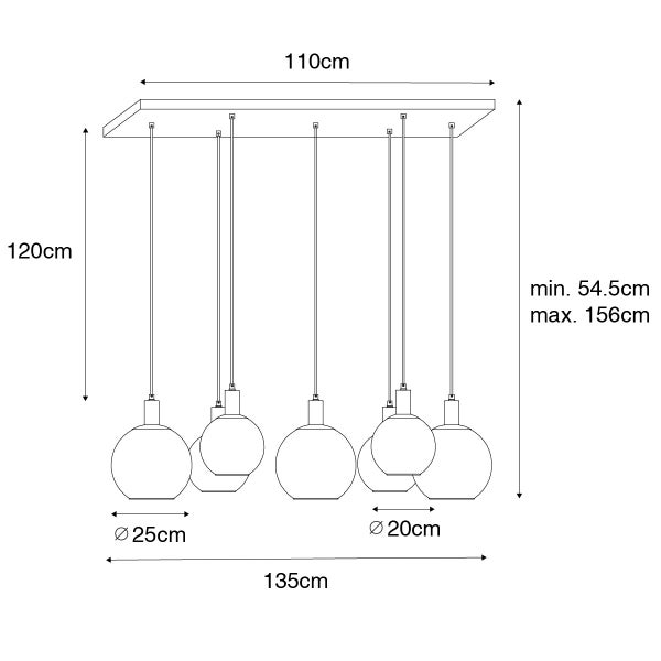 Technische Zeichnung einer Pendelleuchte mit sechs Lampenschirmen und Maßangaben