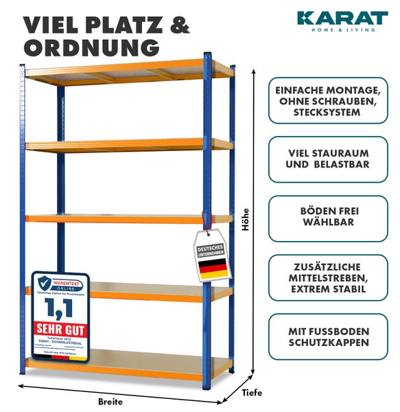 Metallregal mit fünf verstellbaren Holzböden, Stecksystem, Mittelstreben, deutsches Unternehmen, Testurteil sehr gut, Karat Home & Living Logo.