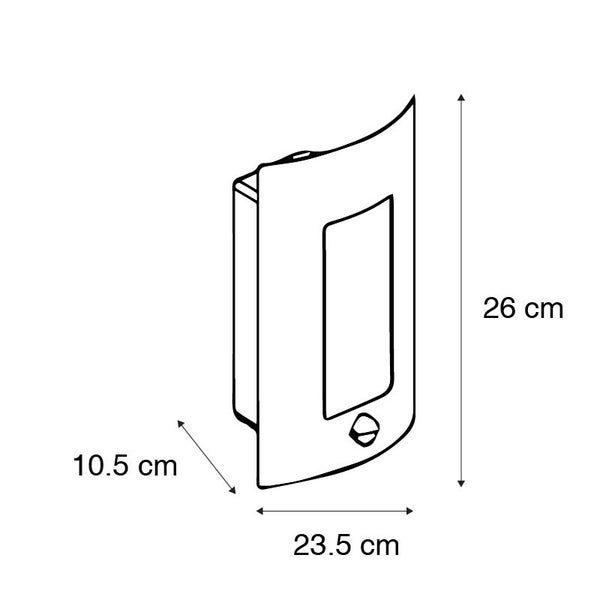 Maßzeichnung einer Außenwandleuchte: Höhe 26 Zentimeter, Breite 23,5 Zentimeter, Tiefe 10,5 Zentimeter.