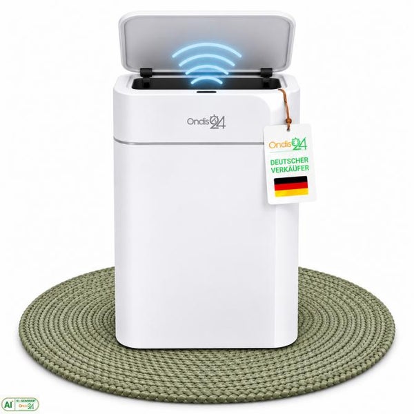 Automatischer Abfallbehälter mit Sensor von Ondis 24 mit offenem Deckel auf einer runden Unterlage.