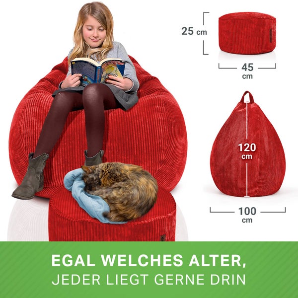 Green Bean 2er Set Indoor XXL Sitzsack + Pouf mit EPS-Perlen Füllung - Fußhocker Fußkissen Hocker Bodenkissen Liegekissen Sitzkissen Lounge Chair - Rot