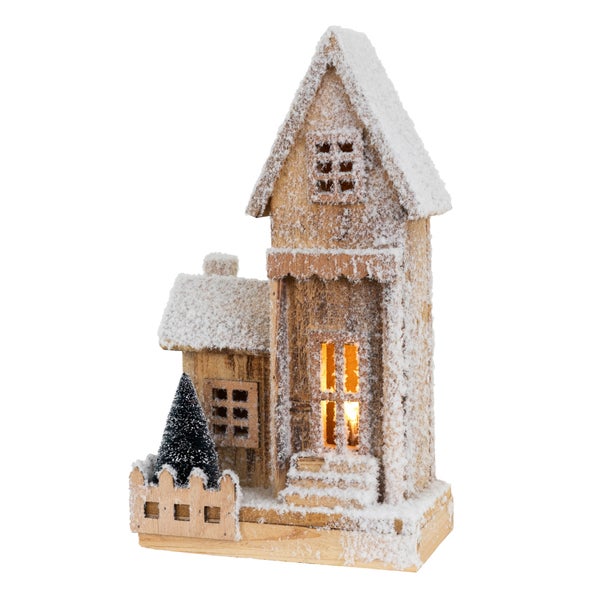 ECD Germany Dekorative Holz-Weihnachtshaus mit LED-Beleuchtung, Warmweiß, 21x11x38 cm, batteriebetrieben, Timer, Deko Holzhaus & Tanne, Winterhaus beschneit, Weihnachtsdeko Innen, Weihnachtsdekoration