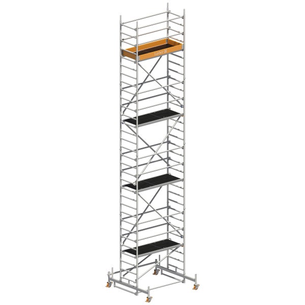 Rollgerüst mit mehreren Plattformen und Layher Logo