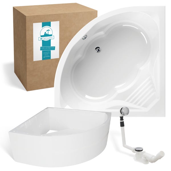 Set aus weißer Eckbadewanne, Wannenträger und Ablaufgarnitur inklusive Calmwaters Logo auf dem Karton.