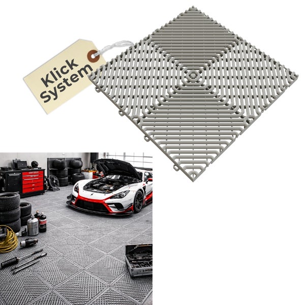 Quadratische Garagenfliese mit Gitterstruktur und Klicksystem, abgebildet in einer organisierten Werkstatt mit Auto und Werkzeug.