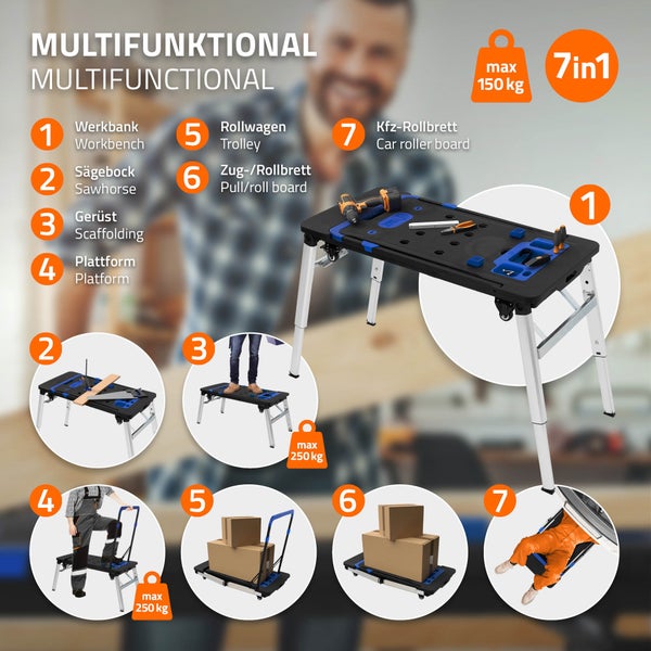 ECD Germany 7 in 1 Multifunktionale Werkbank klappbar, 109x55 cm, Mobile Werktisch, 150-250 kg Tragkraft, Spanntisch mit Winkelmarkierung, Arbeitstisch Werkstatt höhenverstellbar, Handwagen Rollbrett