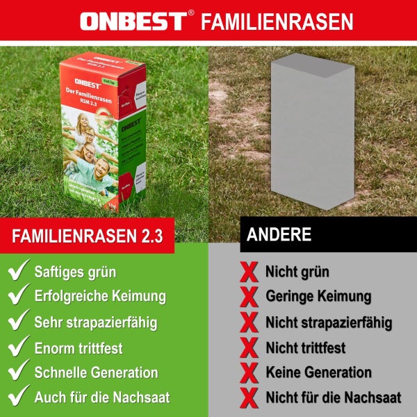 Infografik zur Rasenaussaat: Vorbereitung des Bodens mit einer Harke, Aussaat der Rasensamen aus der Packung und Bewässern mit einem Gartenschlauch.