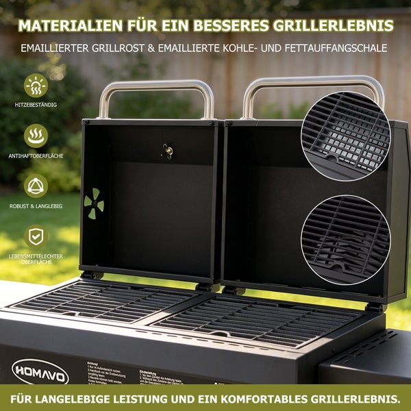 HOMAVO Holzkohlegrill mit zwei geöffneten Deckeln, emaillierten Grillrosten und Icons für Hitzebeständigkeit und Robustheit.