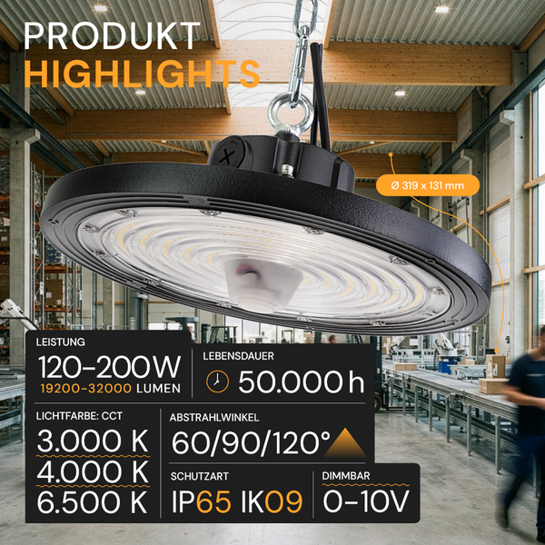 Abgehängte LED Hallenleuchte mit einer Leistung von 120 bis 200 Watt, einer Lebensdauer von 50000 Stunden, einem Abstrahlwinkel von 60, 90 oder 120 Grad und den Schutzarten IP65 und IK09.