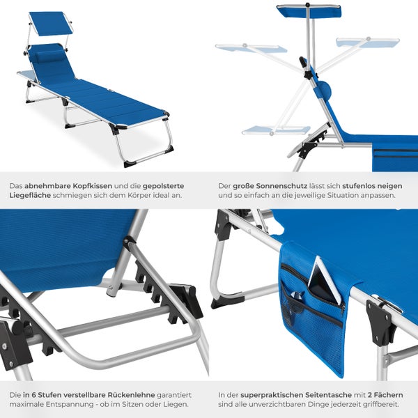 Sonnenliege tectake Lorella 220 x 60,5 x 34 cm, mit Seitentasche  gepolstert, klappbar blau