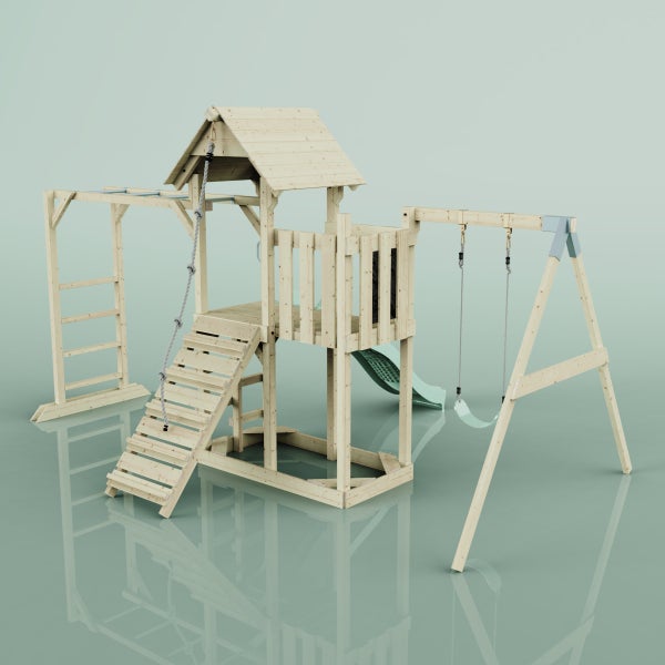 Spielplatz mit Turm, Rutsche, Schaukel und Klettergerüst aus Holz