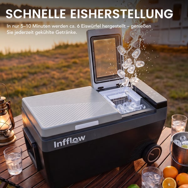 Tragbare Infflow Eiswürfelmaschine mit Kühlboxfunktion auf einem Campingtisch bei Sonnenuntergang für schnelle Eisbereitung