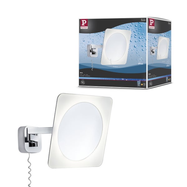 Wand-Kosmetikspiegel Bela von Paulmann mit LED-Beleuchtung, Chrom-Oberfläche, IP44-Schutz und dreifacher Vergrößerung.