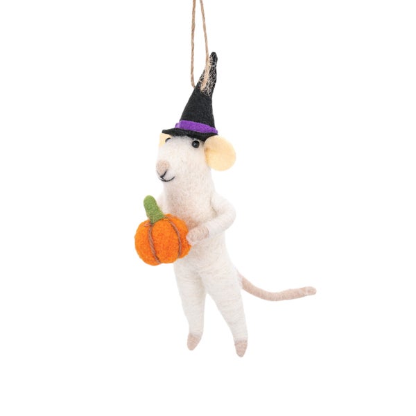 Dekoratives Filzornament Maus mit Kürbis und Hexenhut für Halloween