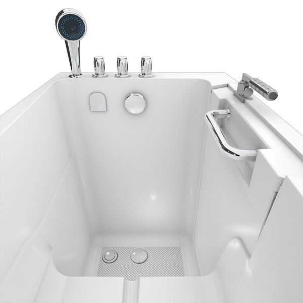 Geöffnete Badewanne mit Einstiegstür, Haltegriff, Duschkopf und Bedienelementen.
