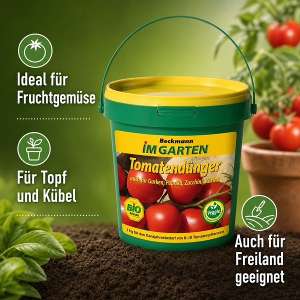 Beckmann im Garten Tomatendünger im Eimer, 1 Kilogramm, ideal für Tomaten und Fruchtgemüse in Topf, Kübel und Freiland, biologischer Dünger.
