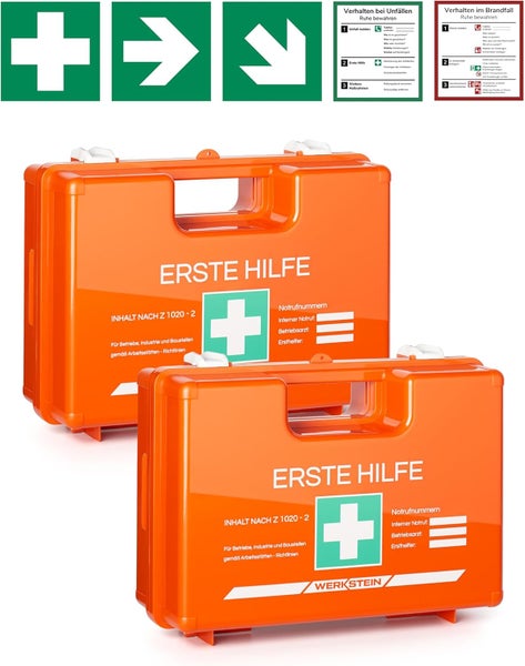 2x Erste Hilfe Kasten ÖNORM Z1020 Typ2 - Verbandskasten inkl. praktischer Wandhalterung, 5x Aufkleber, Gesichtsmasken, Feuchttücher & Plombe - Erste Hilfe Koffer für Betriebe, Einrichtungen & Zuhause