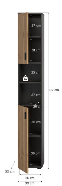 Badezimmer-Hochschrank in Schwarz mit Lamellentüren in Eiche-Optik. Maße: 192 x 30 x 30 Zentimeter mit detaillierten Innenmaßen der Regalfächer.