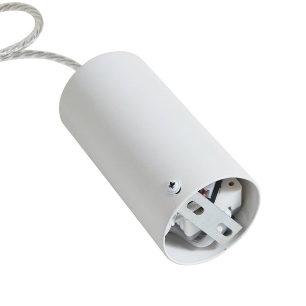 Weißer zylindrischer Baldachin für Pendelleuchten mit Montagebügel und Kabel.