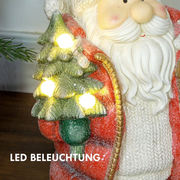 HOMCOM Weihnachtsdeko Figur, Weihnachtsmann mit Weihnachtsbaum und Geschenk, 50 cm Weihnachtsfigur mit LED-Licht, Dekofigur zu Weihnachten, für In- und Outdoor