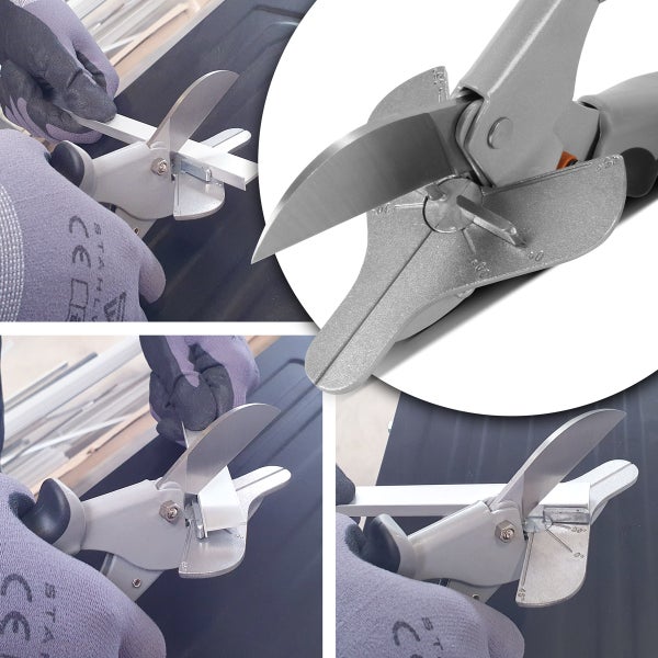 Gehrungsschere mit Winkelskala zum präzisen Schneiden von Kunststoffprofilen in verschiedenen Winkeln.