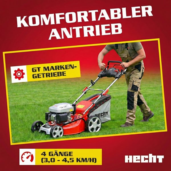 Hecht Benzin-Rasenmäher mit GT-Markengetriebe und Radantrieb in vier Gängen von drei bis vier Komma fünf Kilometer pro Stunde. Hecht Logo.