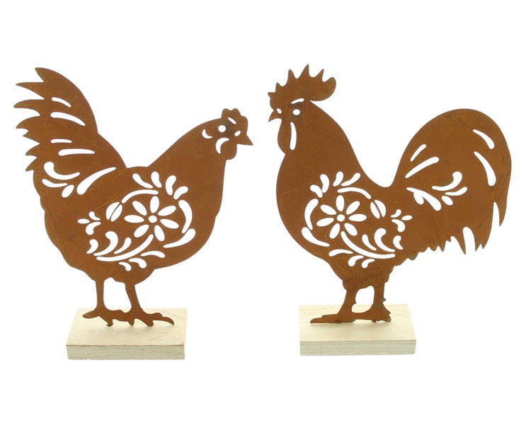 FRANK FLECHTWAREN | Figur Huhn & Hahn, 2er Set, METALL, HOLZ, 14,5 x 4,5 x 20 cm, 15,5 x 4,5 x 20 cm