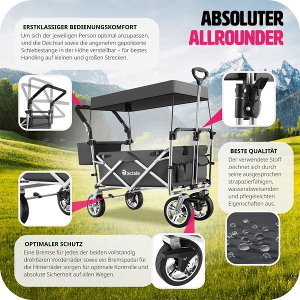 Bollerwagen tectake Nico inklusive Tragetasche, Belastbarkeit 80 kg faltbar, mit Dach grau