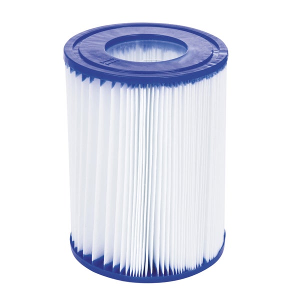 Blaue und weiße Pool-Filterkartusche mit Lamellenstruktur zur Wasserreinigung.