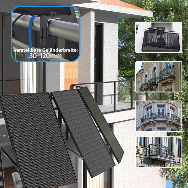 Ansicht verschiedener Balkone mit Geländern und Solarpanels mit verstellbarer Geländerbreite