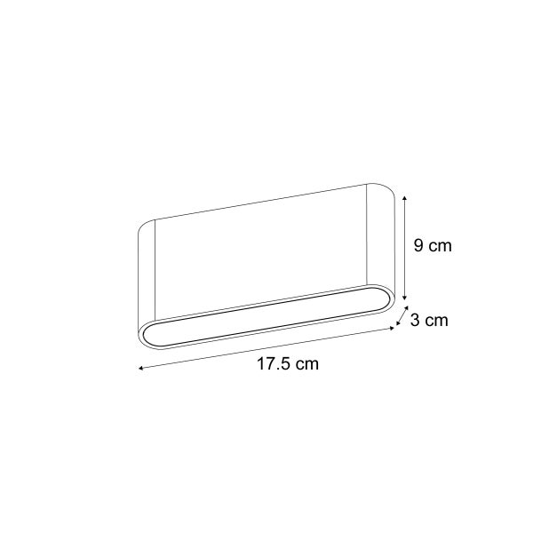 Maßzeichnung einer Wandleuchte mit einer Breite von 17,5 Zentimetern, einer Höhe von 9 Zentimetern und einer Tiefe von 3 Zentimetern.