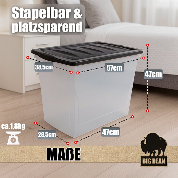 Stapelbare Kunststoff Aufbewahrungsbox mit Deckel, Maße 57 mal 38,5 mal 47 Zentimeter, Gewicht circa 1,8 Kilogramm, Big Dean Logo.